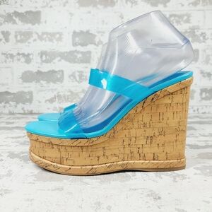 NEW Nine West Rapps 3 Blue Jelly Strap Open Toe Cork Wedge Heel Sandals V58
